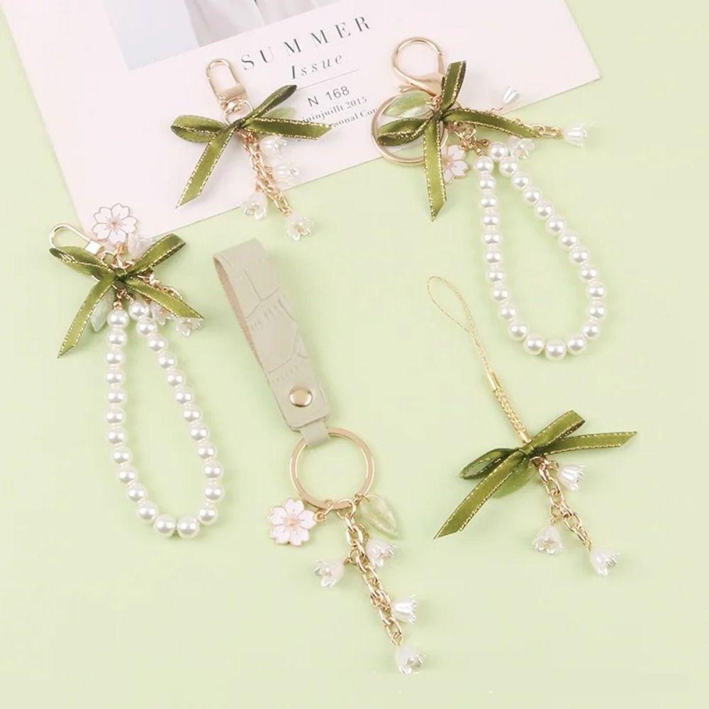 Pretty Green Ribbon Bow Key Chain Ins Pearl Strap Key Ring Bell Orchid Pendant Keychain  Girl
