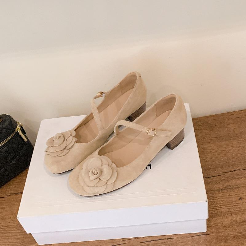 Cowhide Version~ Retro Square Head Shallow Mouth with Mary Jane Shoes Women's Niche Fashion Flower Commuting Thick Heel Single Shoes