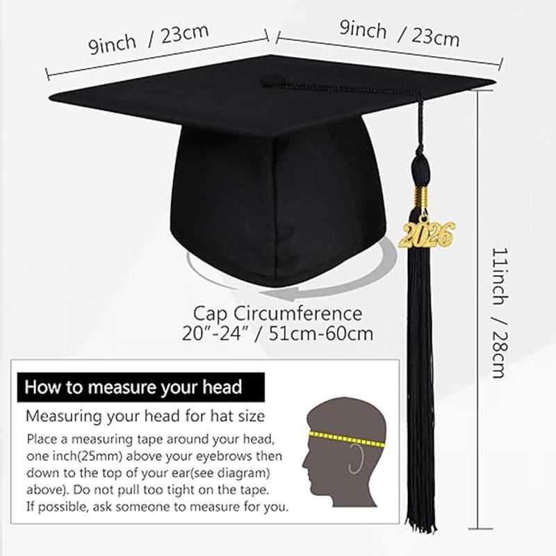 Matte Black Graduation Cap with 2026 Tassel for High School and University Bachelor Degrees