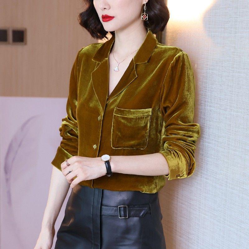 Spring Autumn Velvet Elegant Fashion Solid Shirt Ladies Polo-neck Long Sleeve Buttons Vintage Top Women Loose Casual Blouse