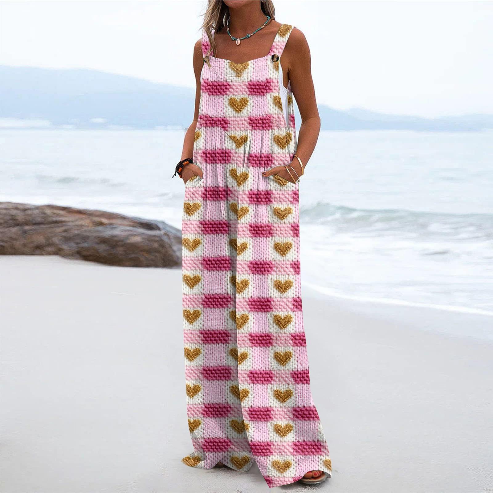 

Широкий комбинезон для женщин, повседневный свободный комбинезон без рукавов с принтом и пуговицами, длинные брюки, комбинезон с карманами XL арбуз красный