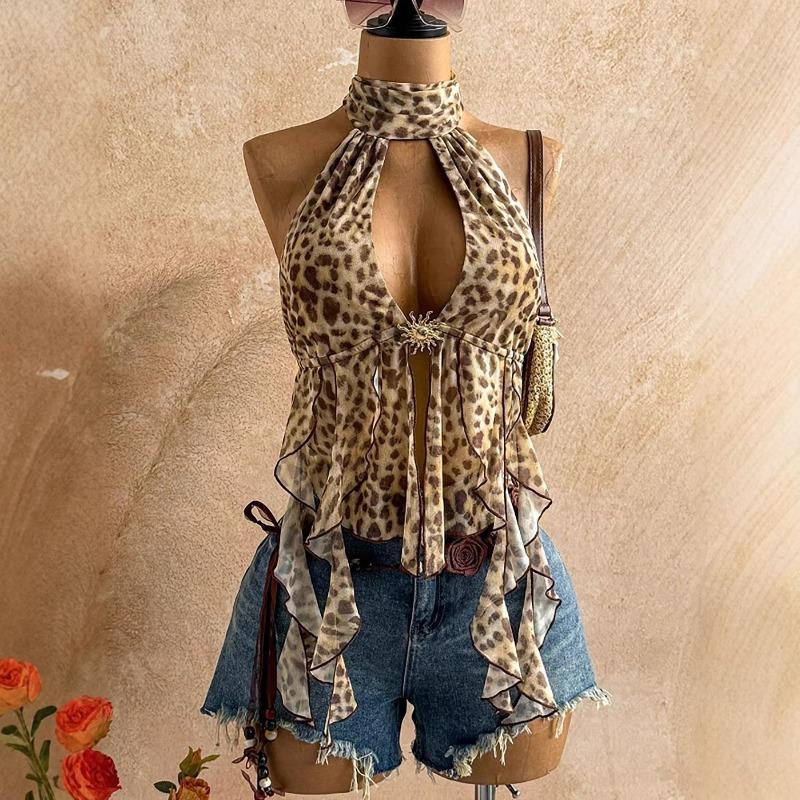 Summer New Sexy Halter Leopard Print Short Top Neck Streamer Turtleneck Women's Vest