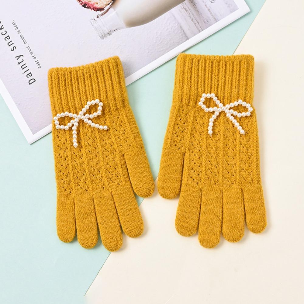 Fashion Pearl Bow Knitted Gloves Kawaii Women Mittens New Warm Fullfinger Gloves