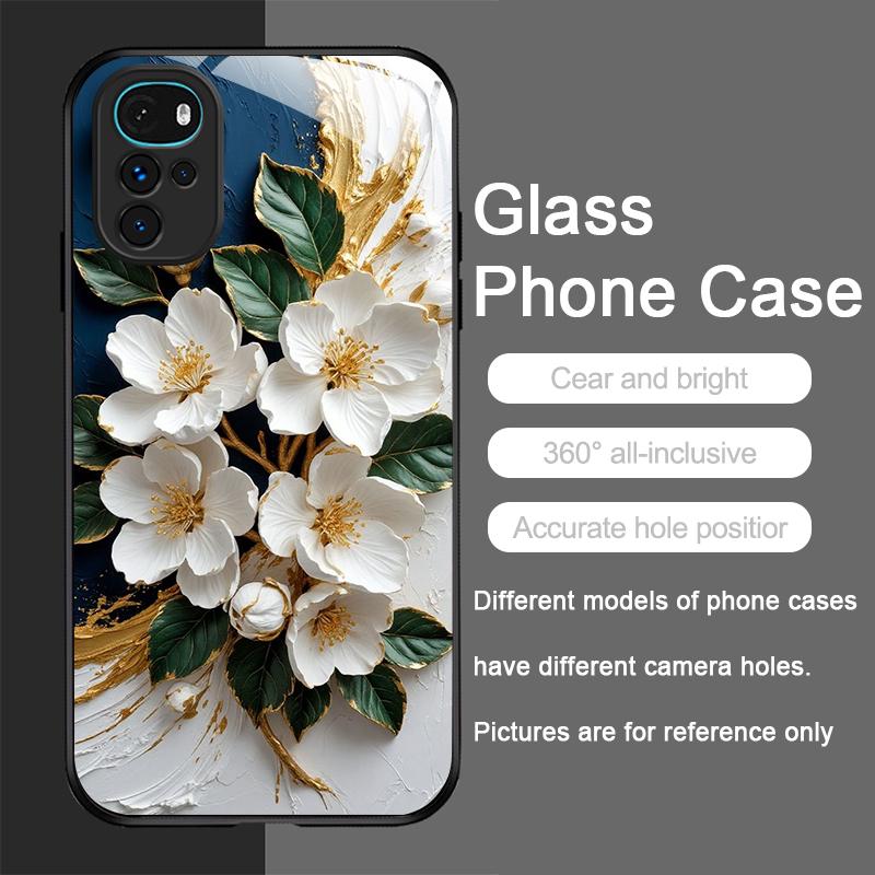 White Camellia Flower Marble Texture Tempered Glass Phone Case for Motorola Moto G85 G84 G75 Edge 50 Fusion 40 Neo 30 Pro Cover
