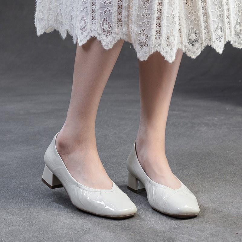 Johnature Square Toe Office Lady Pumps Genuine Leather Fashion Thick Heeled Slip-on Women's Shoes