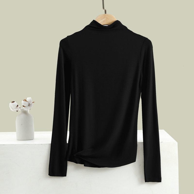 Women Bottoming Tshirt Autumn Winter Mock Neck Slim Tee Shirt Solid Basic All Match Tops Undershirt
