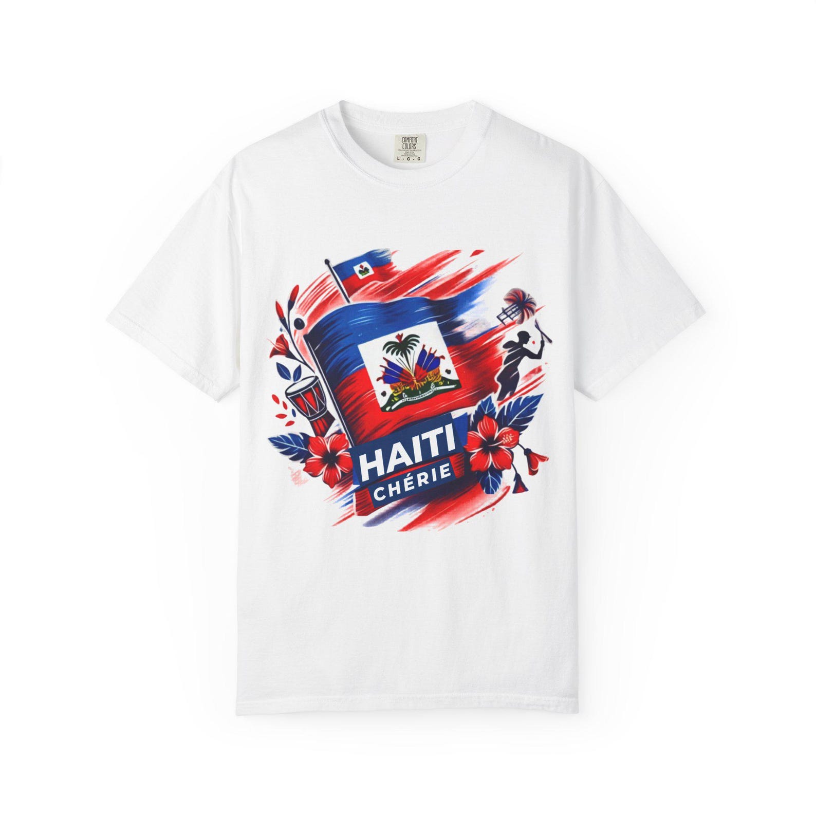 Haiti Chérie Flag design T-shirt | Haitian coat of arms, red blue floral artwork 3XL