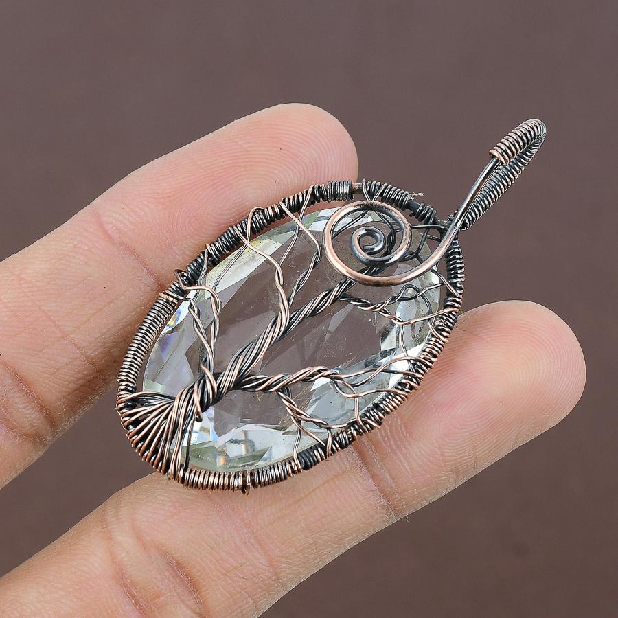 Natural Tree Of Life White Topaz Gemstone Copper Wire Wrap Pendant 2.36" B2S87
