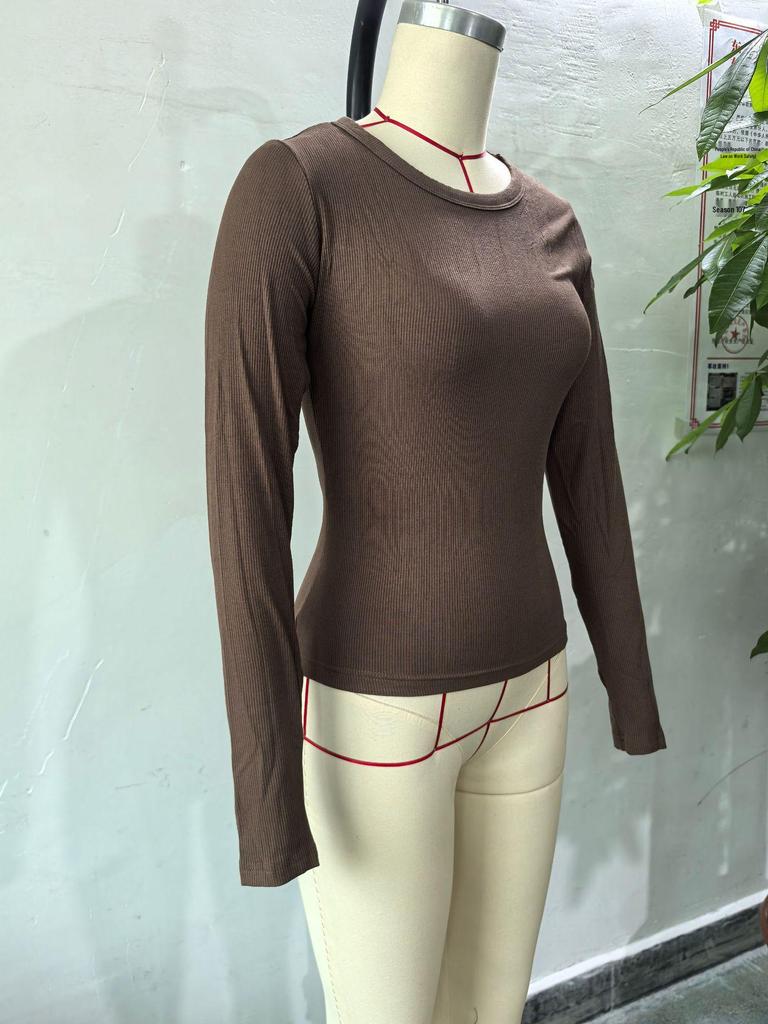 2025 Y2K Ribbed Crew Neck Women's Slim Fit Long Sleeve T-Shirt - Solid Color