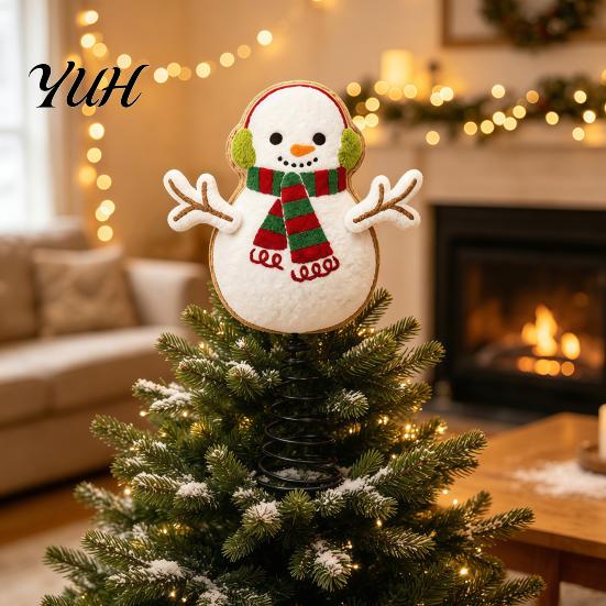 Vivid Felt Tree Ornament Wool Christmas Topper, Cute Snowman/Santa Claus Treetop with Topper Spring Base, Holiday Xmas Decoration for Home Party Decor