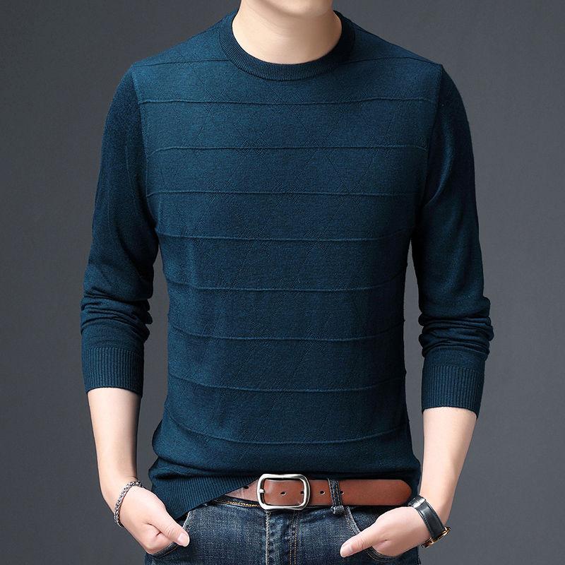 Men's Sweater Knitted Sweater Solid Color Striped Jacquard Round Neck Long Sleeved Base Top