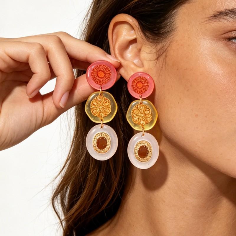 Bold Floral Layered Drop Earrings With Color-Block Design Round Statement Women Beach Style