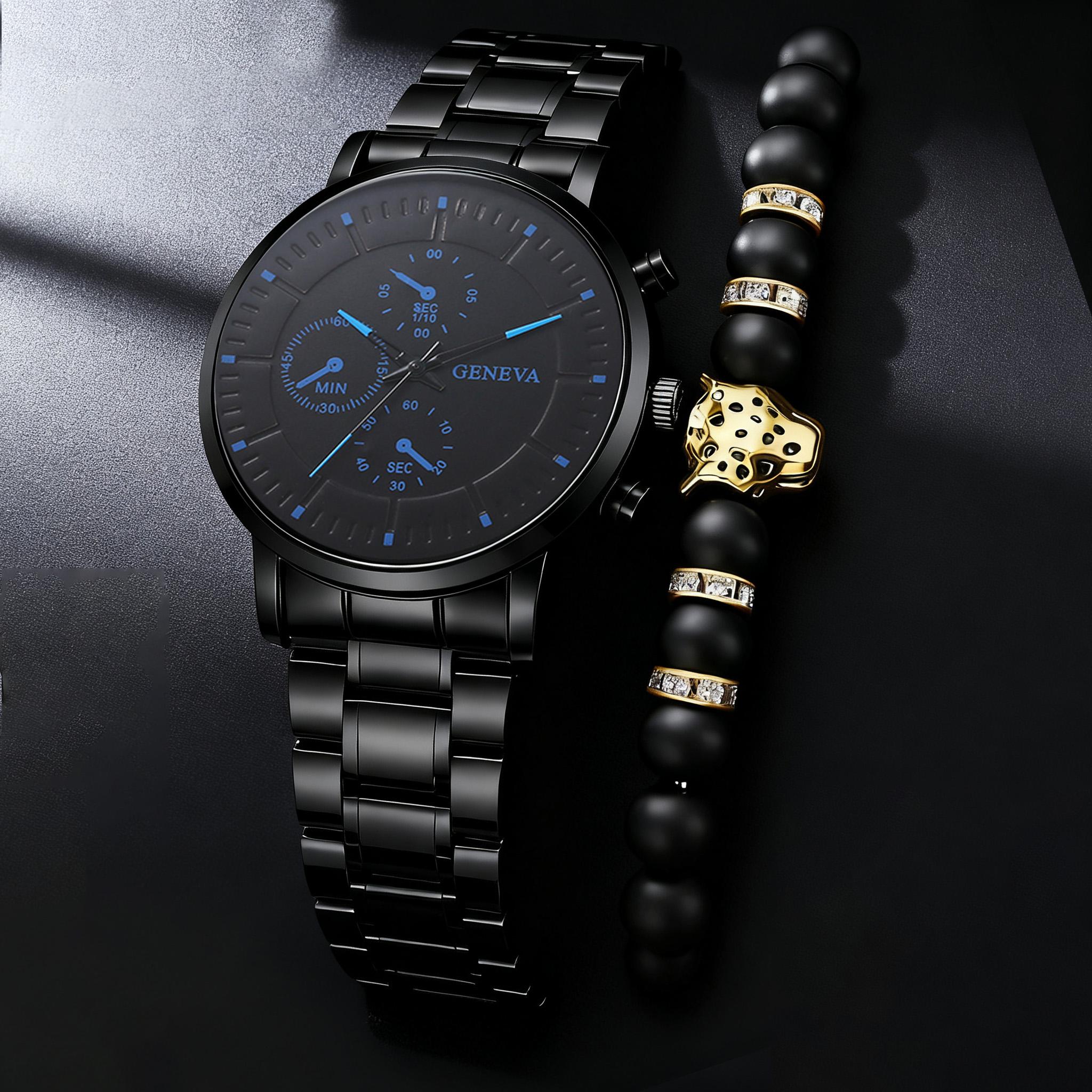 

Fashion business Alloy Material Men s quartz watch and bracelet set, suitable for daily wear, Christmas gift чорний