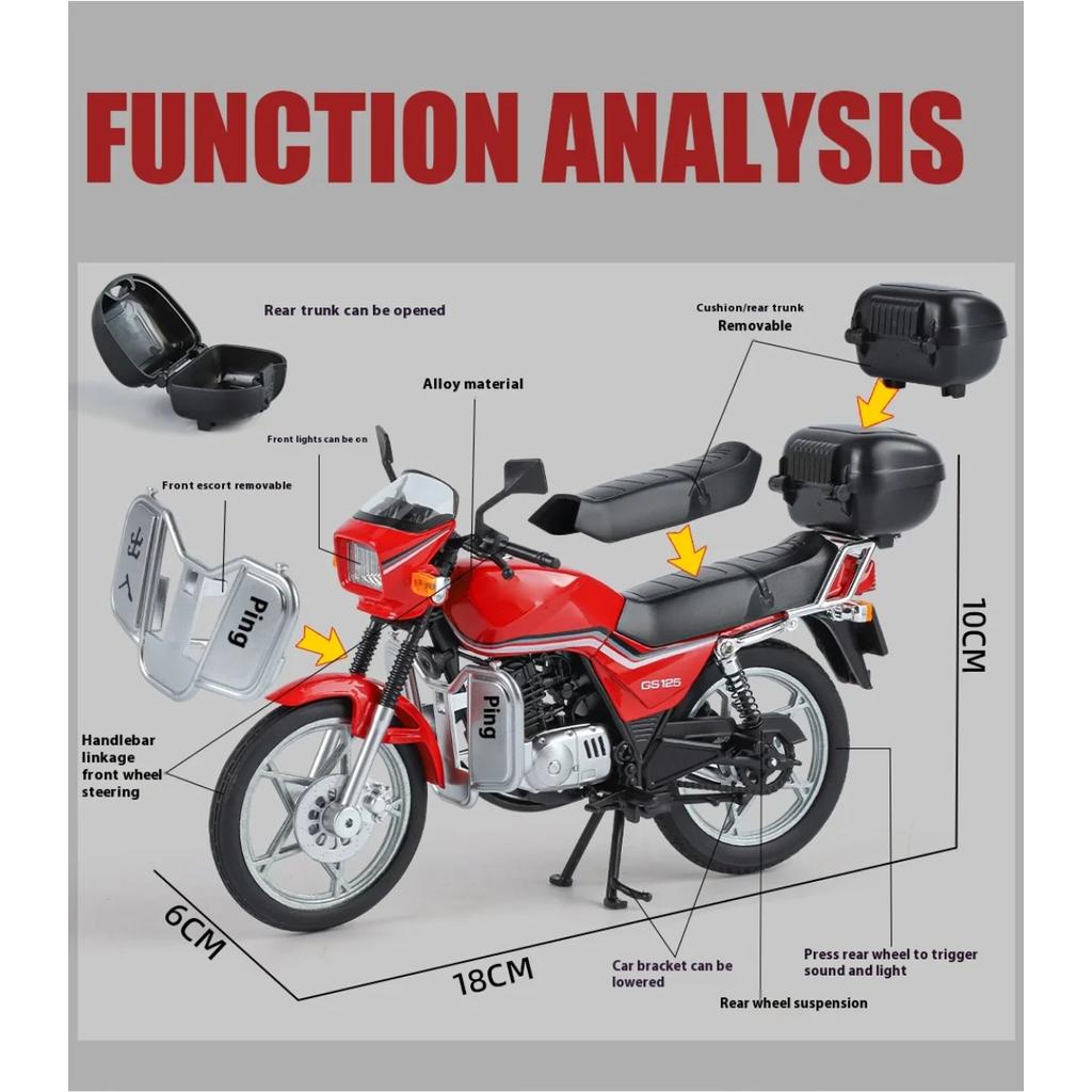 1/12 SUZUKI GS125 King Motorrad Legierung Druckgussmodell Ton und Licht Kinderspielzeugauto Verzierungen Trendige Dekoration mit Freund