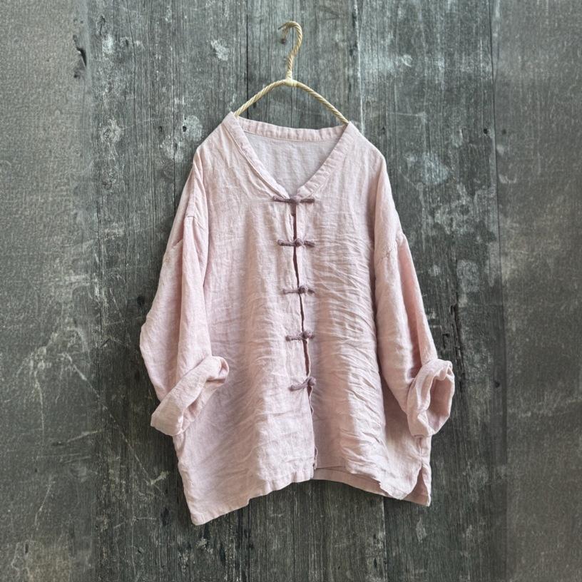 Johnature Women Vintage Shirts Solid Color Stand Long Sleeve Blouses Autumn Button Loose Chinese Style Top