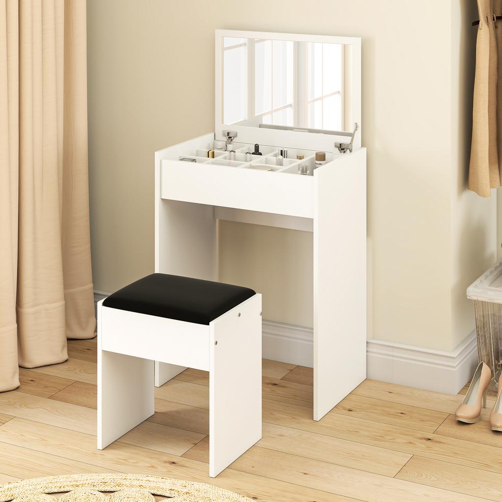 Tocador de Maquillaje con Espejo Plegable, Tocador de Maquillaje Moderno, con Taburete, Compartimento de Almacenamiento con 10 Secciones, MDF Blanco, 60.2 x 40.2 x 79cm