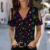 Women V Neck Cold Shoulder Blouse Black Background Colorful Star Print Short Sleeve Top