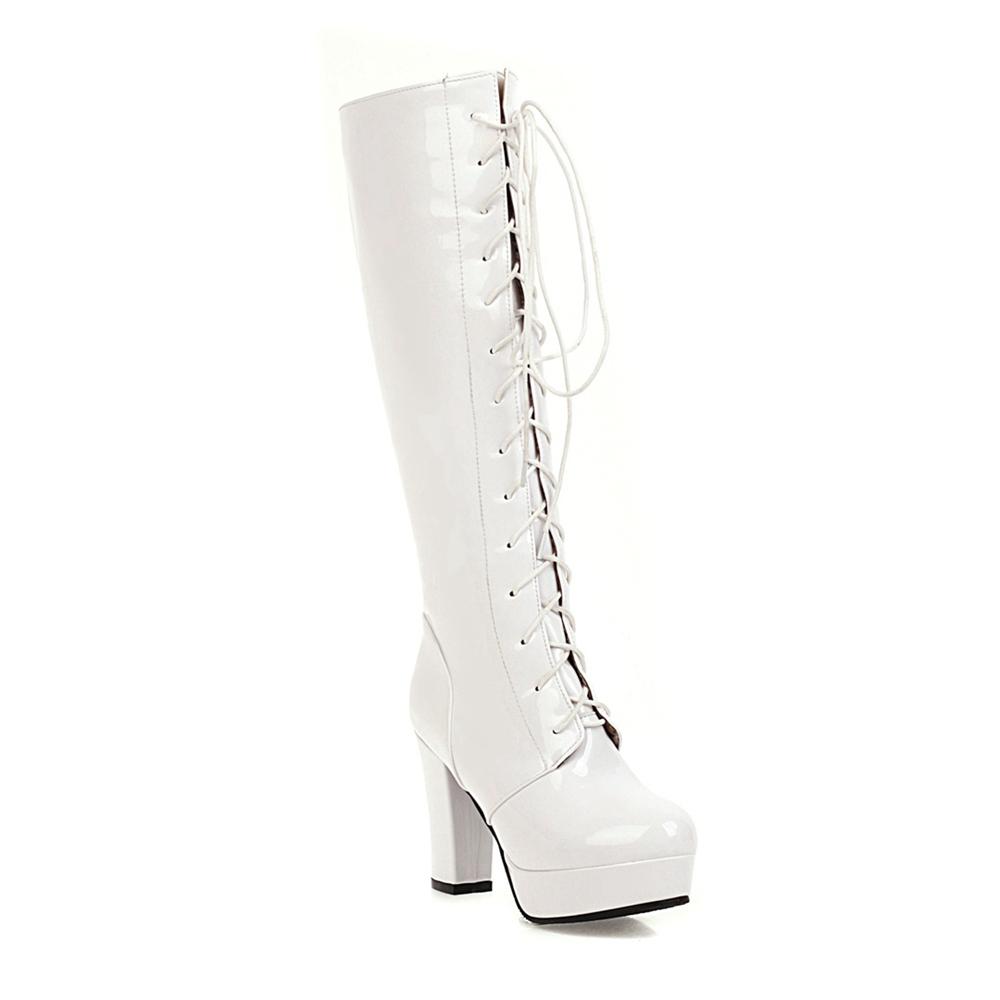 Fashion 2025 Patent Leather White Lacing Knee High Boots Lace Up Ladies Platform Boots High Heels Fashion Nightclub Patry Shoes Wholesal