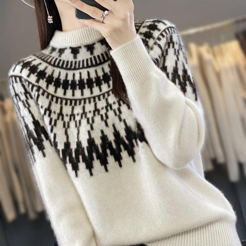 Autumn and Winter Thickened Sweater Women's Half-high Collar Outer Knit Sweater Loose Long-sleeved Inner Jacquard Bottoming Shirt