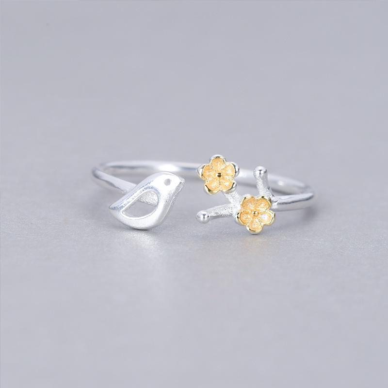 Plum Flower Adjustable Ring For Women Cute Bird Branches Cross Opening Finger Ring Personality Birthday Party Wedding Jewelry