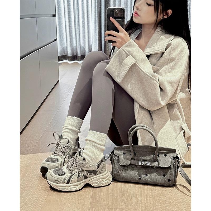 Cowhide version~ leather platform dad shoes women's autumn leather mesh retro versatile casual sports shoes