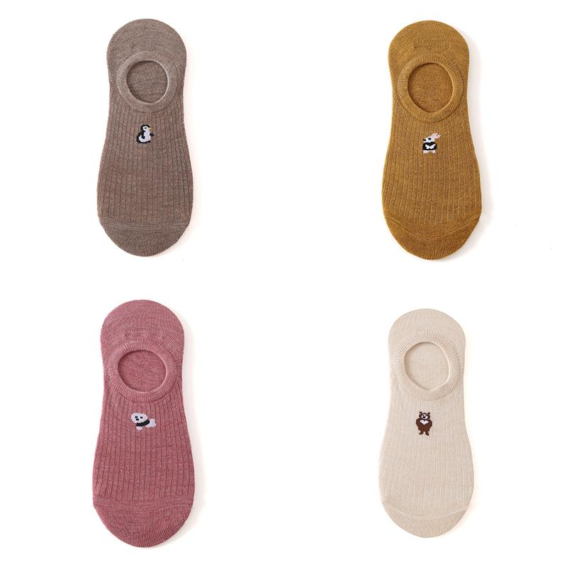 1/4 Pairs Women Cartoon Animal Pattern Invisible Socks Silicone Anti-slip Socks Boat Socks