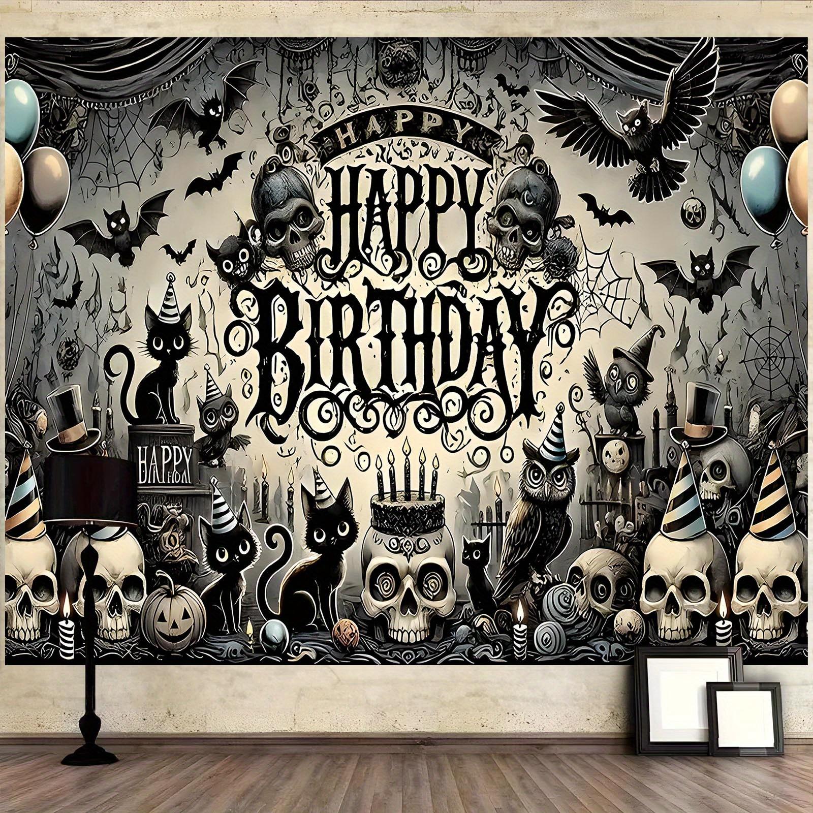 1 Gothic style cat skull birthday banner - Horror Halloween themed party decoration with black cats, bats, and skeletons 100x150cm