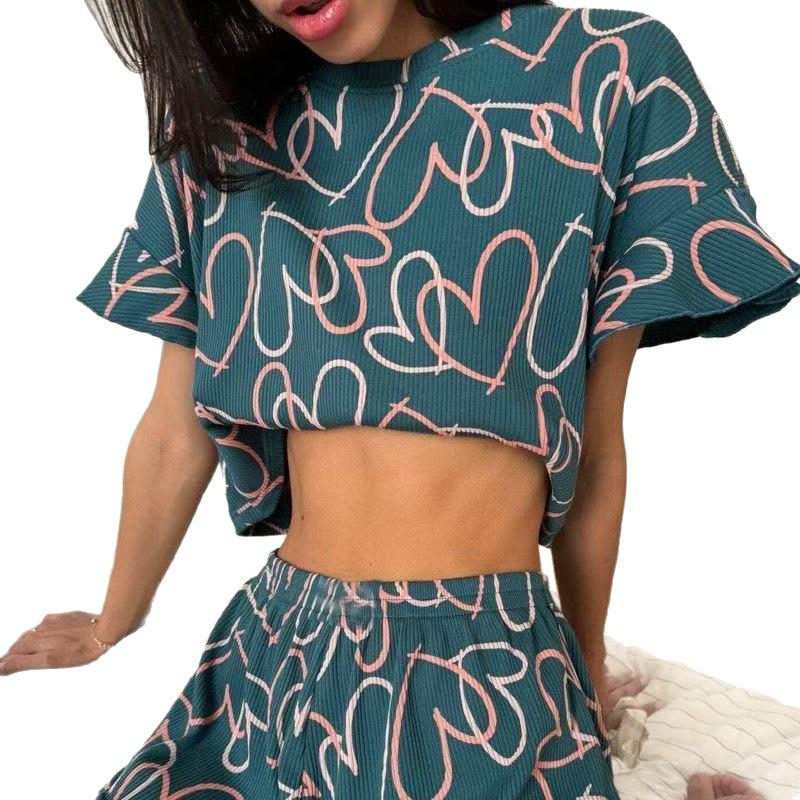 Pigiama Estivo Stampato da Donna - Manica a Volant, Girocollo, Pantaloncini, Traspirante e Fresco.
