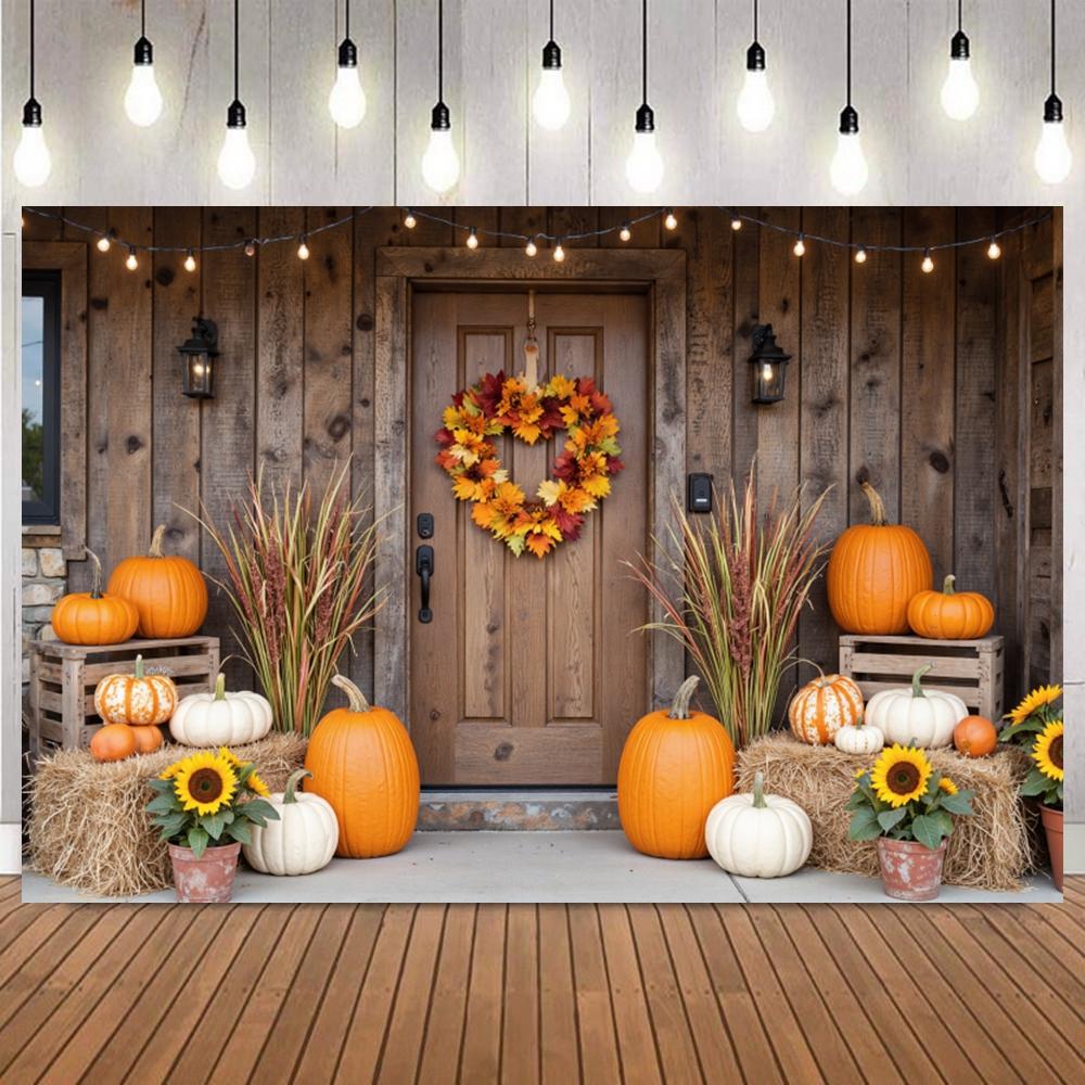 Blissful Autumn Harvest Theme Photography Background Forest Maple Fallen Leaves Window Pumpkins Sunflower Photo Backdrop Decor12