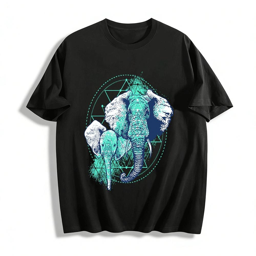 Vintage Geometric Parent-child Elephant Print Casual T-shirt Pure cotton T-shirt XXS