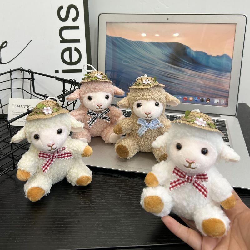 Cute Soft Plush Sheep Keychain Fluffy Straw Hat Plaid Bow 1Pcs Portable Key Ornament for Travel Backpack Decor