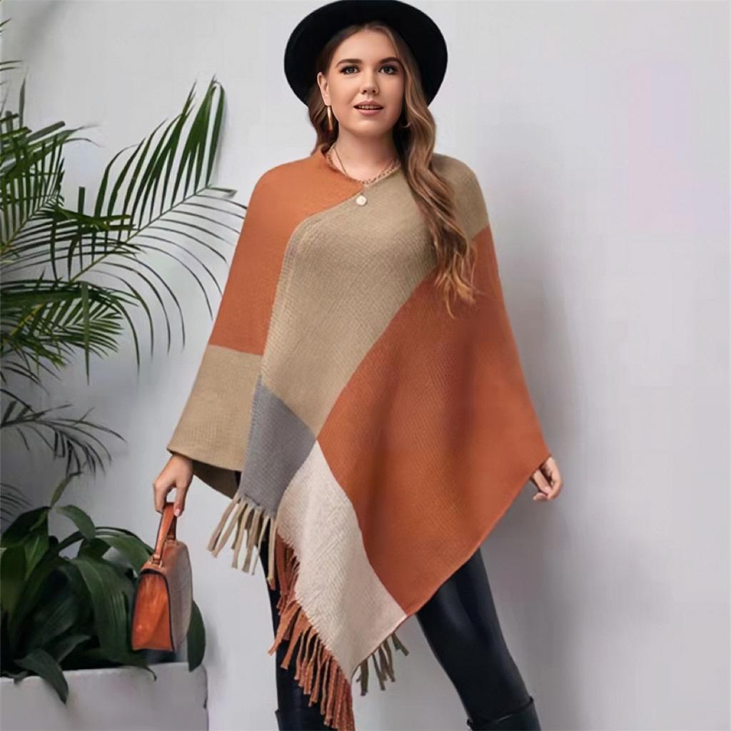 Plus Size Women Color Block Knit Cape Sweater, Batwing Sleeve Pullover Shawl for Autumn Winter