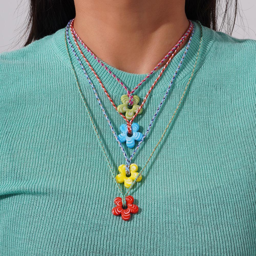 Colorful Mini Flower Necklace Jewelry Floral Chain Choker Coloured Glaze Pendant Necklace  Vacation