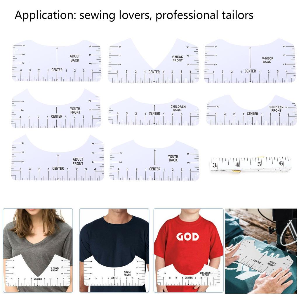9 Stück T-Shirt Ausrichtungswerkzeug DIY V-Ausschnitt Lineal PVC Hemd Maßband für Erwachsene Jugendliche Kleinkinder Säuglinge