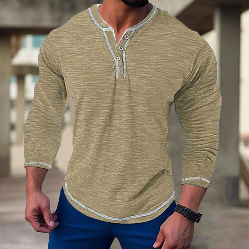 Camisetas de manga larga de algodón de otoño para hombres, jerséis casuales para hombres, camisetas elásticas con cuello en V y botones para hombres