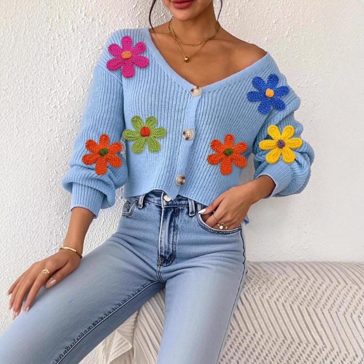 Bunter Blumen-Stickerei-Knopf-Strickjacke Pullover Kurzer Mantel Neue Herbst-Winter-Kollektion