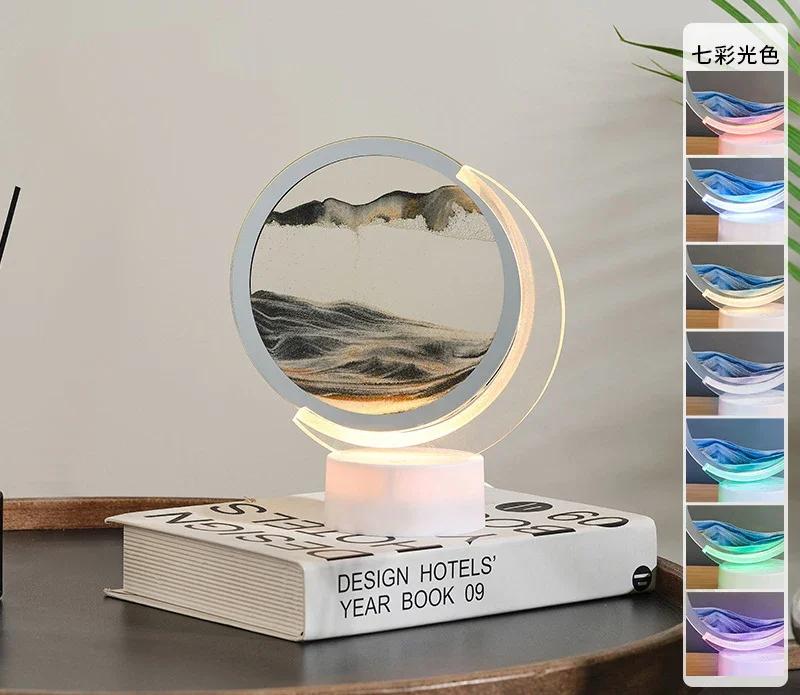 3D Sandscape Moving Sand Art Picture Table Lamp with 7 Colors Quicksand Liquid Hourglass Flowing Sand Painting Home Decor Gifts