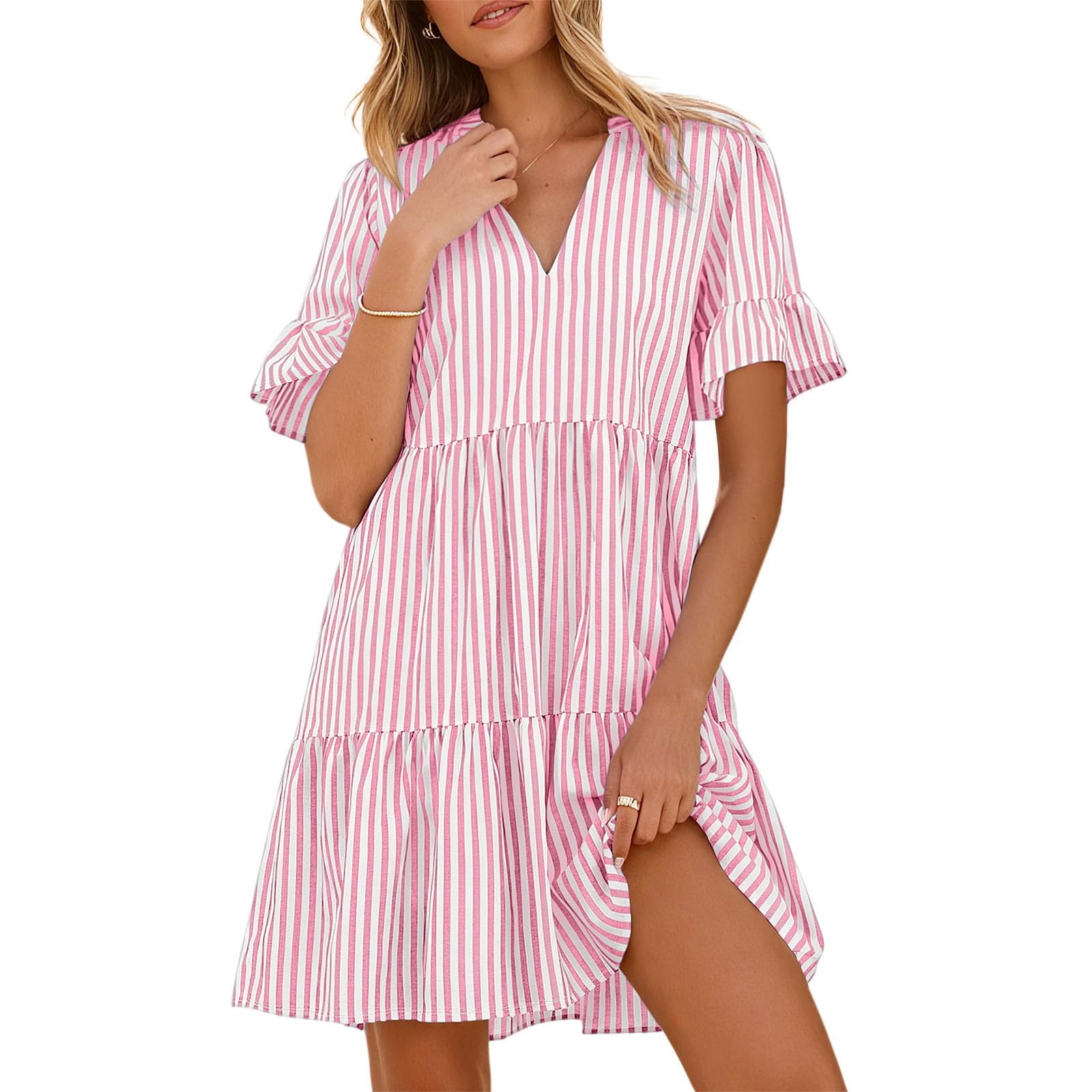 

Women Casual Loose Fit Striped V Neck Dress with Ruffle Sleeves and Pockets Lightweight Comfortable Design XL рожевий