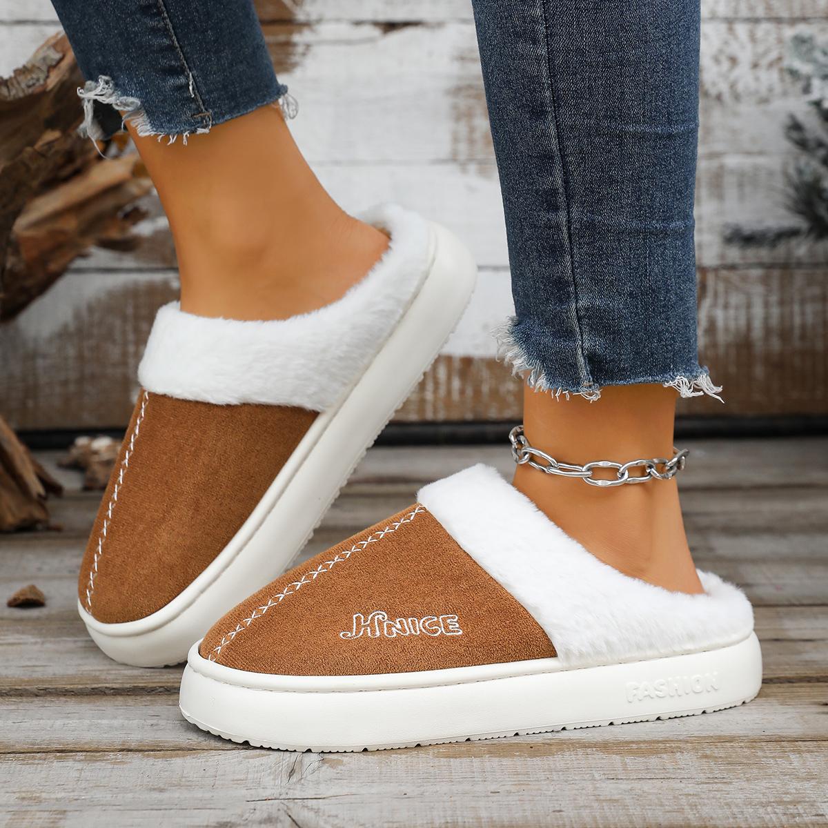 

Модные женские тапочки Модные утолщенные тапочки на меху Слипоны Ботинки Круглый носок Хлопковая обувь Зимние повседневные плоские тапочки Слайды Женские 44-45 коричневый