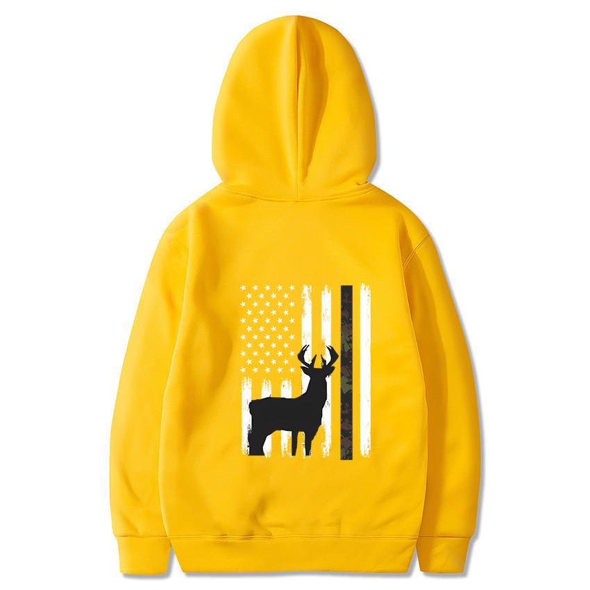 White Tailed Deer Hunting Hunter Gift Bucks Camouflage American Flag Pullover Men's Back Printed Fashionable Casual Hoodie