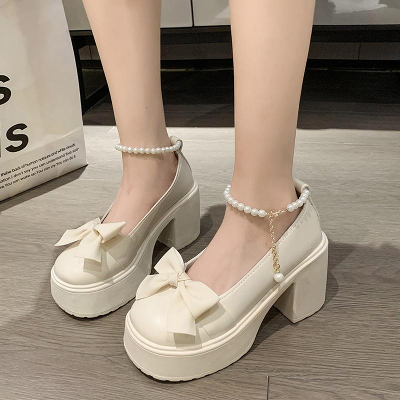 

Модные туфли Мэри Джейн, женские новые модные туфли с жемчужным бантом на высоком каблуке и маленькими кожаными туфлями, женские одинарные туфли 37