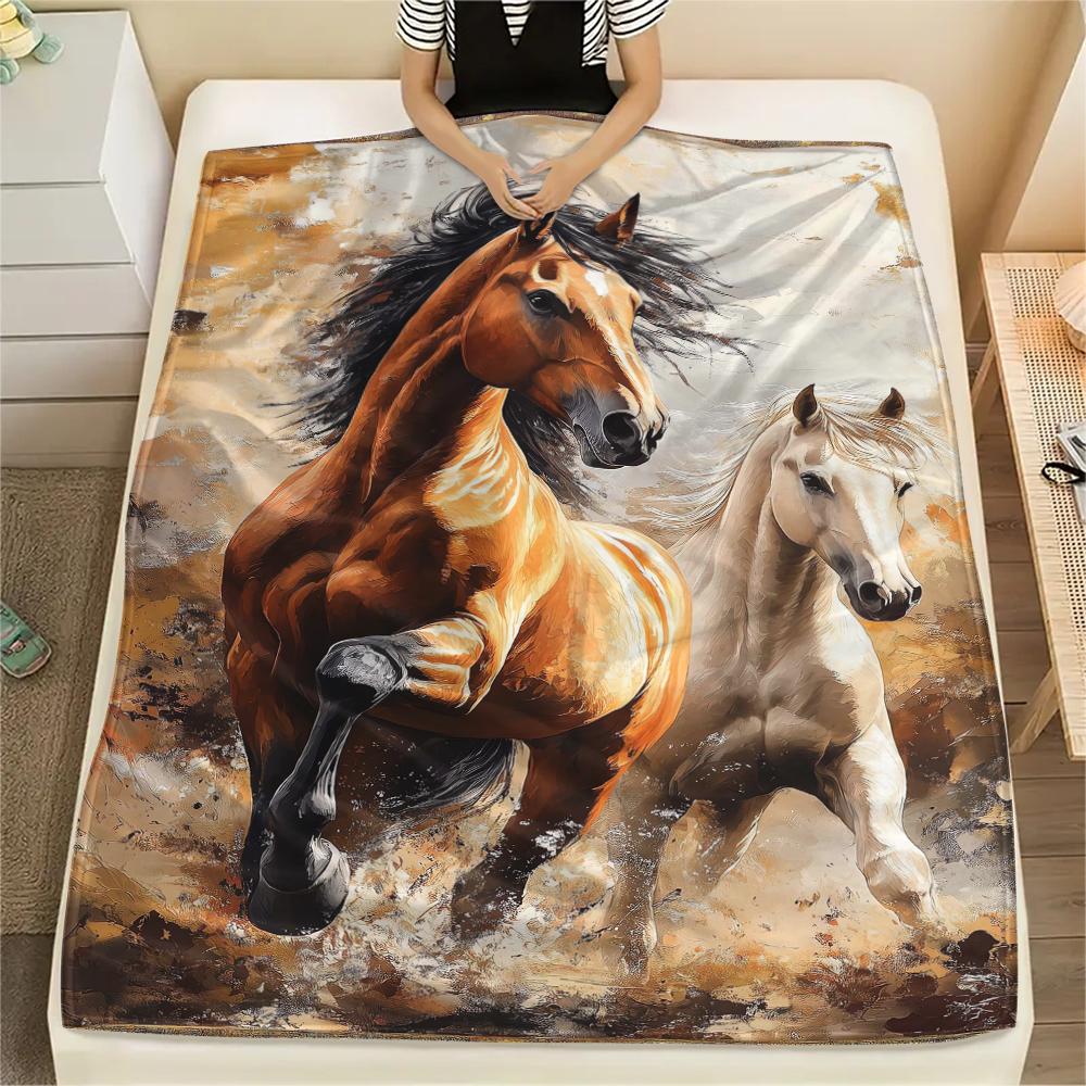 1Pc Horses Painting Print Flannel Blanket, High Quality Comfortable for All Seasons, Home Decor, Warmth and Comfort, Perfect for Christmas Gifts