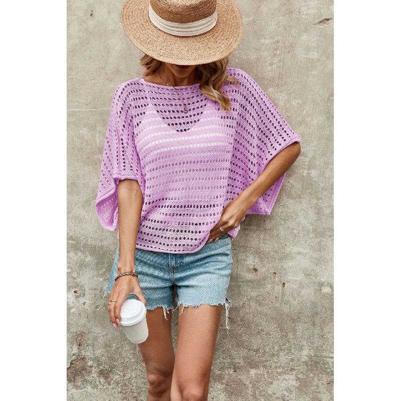 2026 New Round Neck Solid Color Women's Bat Sleeve Hollow Loose Knit Sweater