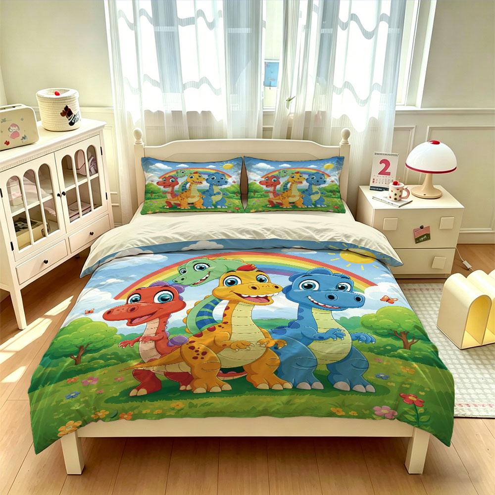 3pcs Cartoon Dinosaur Rainbow Print Duvet Cover Set Kids Boys Soft Microfiber Bedding Set with Pillowcases Quilt Cover Gift