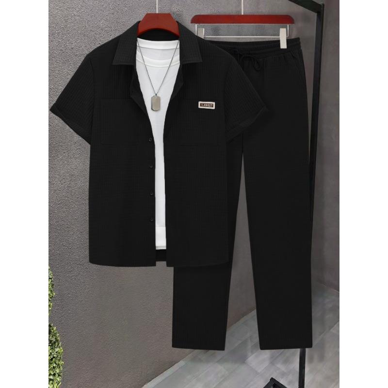 Men's Spring Summer Waffle Texture Two Piece Set Casual Short Sleeve Shirt and Pants Outfit