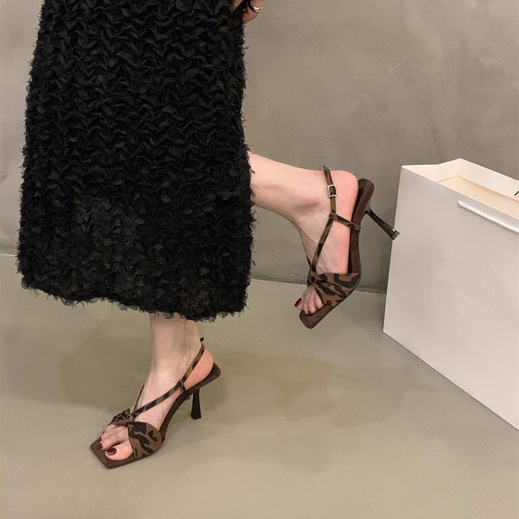 Leopard Print High Heels Bow Word with Sandals Women's Shoes 2025 Summer French with Skirt Thin Strap Roman Shoes