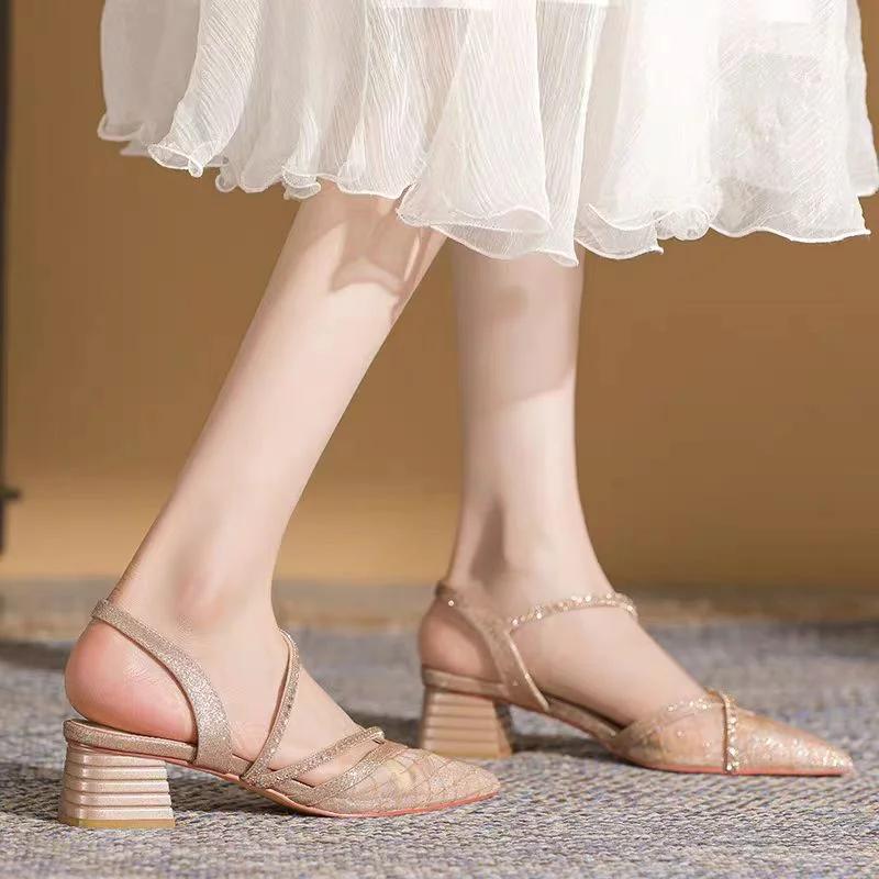 Pointed Toe Women's Sandals With Medium Heels Ladies Shoes 2025 Luxury Summer Comfortable Sandal The Best Offers Asian Size Shoe
