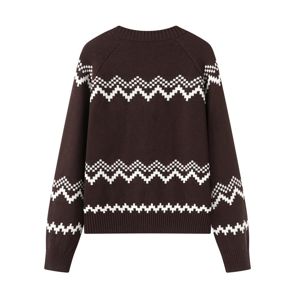Erhältlich: Damen Strickjacke im Y2K Retro-Stil, Intarsienmuster, Braun, Herbst 2025 - Lässig & Vielseitig