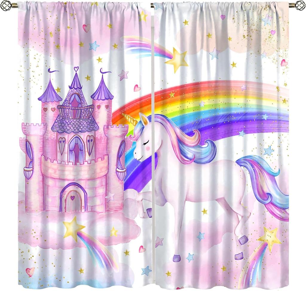Purple Unicorn Curtains Girls Fantasy Mystery Fairytale Clouds Stars Magic Unicorns Window Drapes Kids Nursery Made Of Polyester