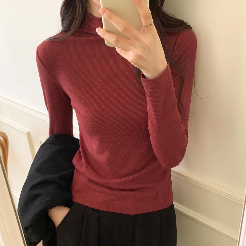 Geripptes Halbrollkragen-Unterhemd für Damen, Frühherbst Neu, Langarm-T-Shirt, Elastisch, Figurbetont, Weich, Wachsartig, Innentop